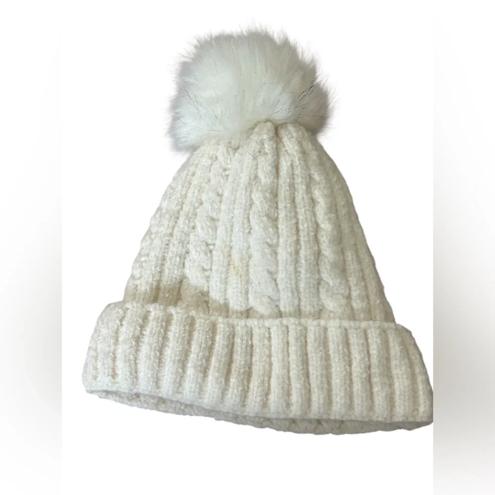 Ivory Cable Knit Chenille Beanie Hat Faux Fur Pom Pom Winter Cozy Soft